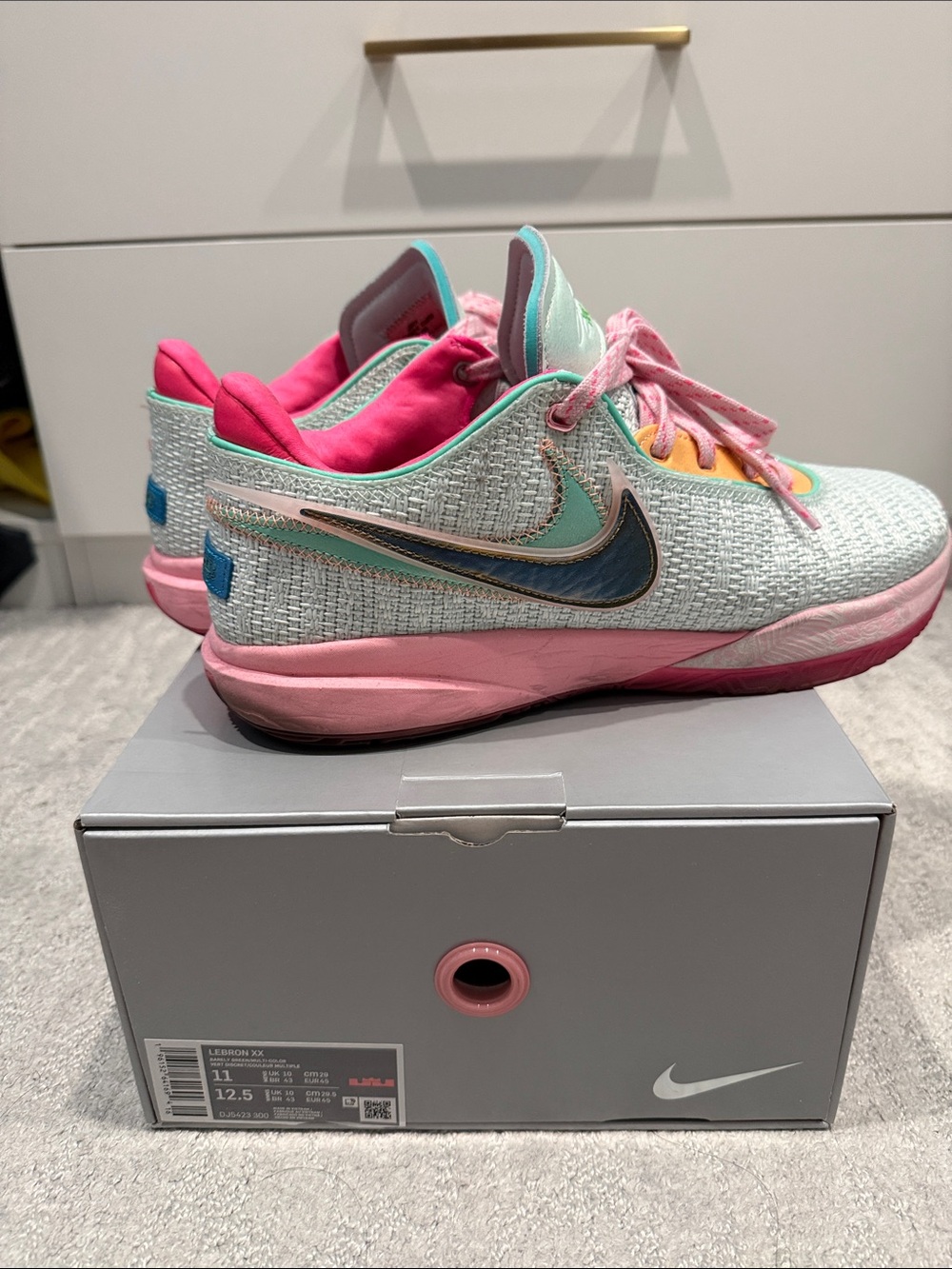Nike men’s Lebron XX Mint Green and Pink Sneakers